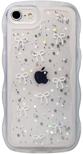 Qokey for iPhone SE(2020/2022) & 8/7 Case - Glitter Star & Curved Edge Handle Grip Design, Military-Grade Shockproof Clear TPU Cover, Sparkle Protection + Scratch-Resistant, Holographic Clear Bow