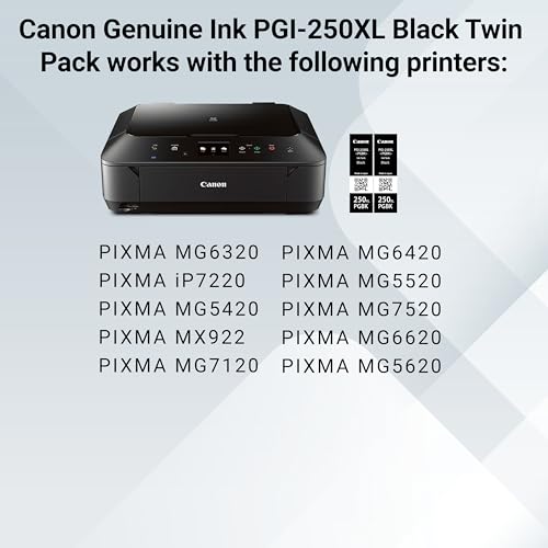 Image of Canon PGI-250XL Genuine Black Twin Pack, Compatible with MG6320, iP7220 & MG5420, MX922, MG7120, MG6420, MG5520, MG7520, MG6620, and MG5620 (Optional) Printers