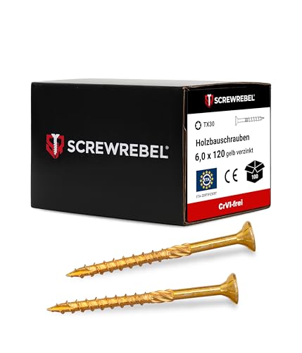 Holzbauschraube 6x120 mm - 100 Stück, gelb verzinkt, TX 30, Cut-Spitze, Reibteil, ETA | SCREW REBEL