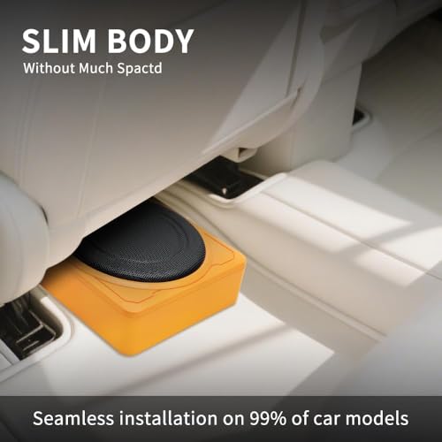 Image of Junsun Slim Under-Seat 10″ 800W Powered Car /Truck Subwoofer & Amp Combo - 220W RMS, Built-in Amplifier, High /Low Input, with Wire Mounting Kit (Vibrant Orange)