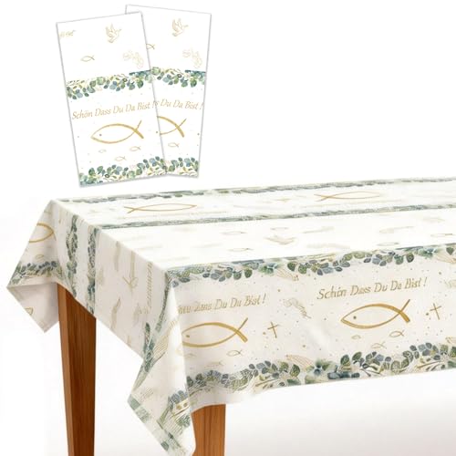2 Stück Deko Kommunion Junge, Tischdeko Kommunion Set, Kommunion Deko Junge Stoff-Tischdecke, Fisch Eukalyptus Design für Taufe Konfirmation, Christliche Symbole Festtafel