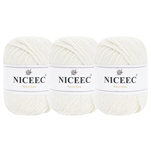 Niceec 3×100G Soft Cotton Yarn 6 Ply Baby Cotton Yarn For Knitting Crochet Light Worsted Yarn 100% Cotton Yarn For Diy Craft Total Length 3×160M(3×175 Yds,100G×3)-Cream White #TOP5