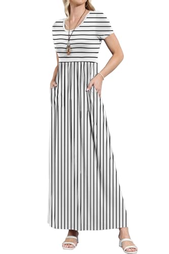 Image of EUOVMY Women's Short Sleeve Loose Plain Maxi Dresses Casual Vacation Long Dresses with Pockets