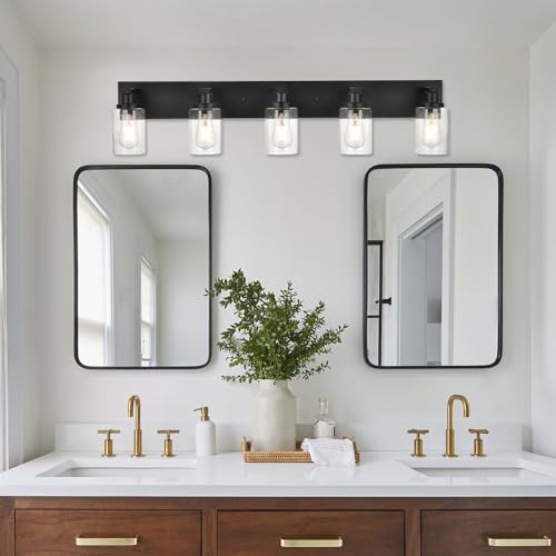 WINSHEN 5-Lights Farmhouse Bathroom Vanity Light in Black Finish Wall Mount Lighting Fixtures with Seeded Glass for Mirror Cabinet Kitchen Bedroom by WINSHEN - Used condition - Image 3