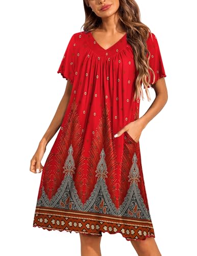Image of Ekouaer Nightgowns for Women Short Sleeve House Dress with Pockets Pleated Soft Moomoo V Neck Sleepwear
