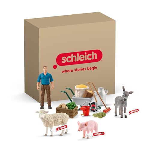 Schleich Farm World | Ensemble d’Animaux de la Ferme 72287 avec Fermier, âne, Cochon, Mouton et Accessoires | Set détaillé de 15 pièces | Jouet Ferme...