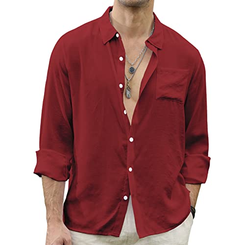 Ctu Men's Fashion Summer Casual Button Down Shirt Long Sleeve Solid Color Holiday Beach Shirts Winered #TOP1