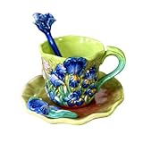 FORLONG Ceramic Lrises Flower Coffee Mug and Saucer set with Spoon,3D Handmade and Hand-painted Tea Mug, 6OZ