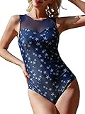 Damen Bademode Masche Schlankheits Badeanzug High Neck Bauchweg Einteilig Strandmode Dunkelblau Sterne M