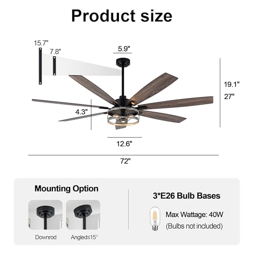 Image of 72 Inch Farmhouse Ceiling Fan with Lights Large Rustic Ceiling Fan Wood Caged Fandelier Chandelier Light for Indoor Outdoor, 7 Dual Blades 3 E26 Bulbs, Reversible Quiet DC Motor 6 Speeds