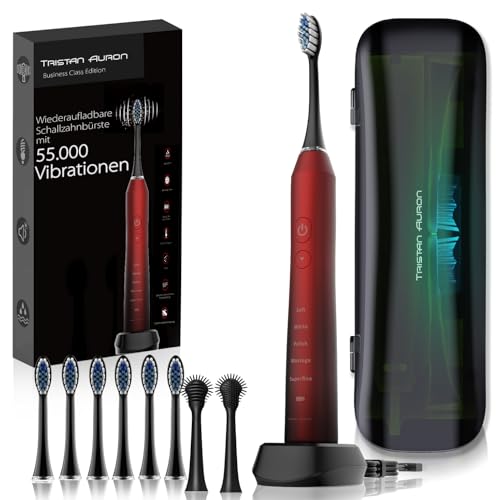 Tristan Auron Schallzahnbürste mit 55.000 Schwingungen - 60 Tage Akku - 5 Modi + UV Reiseetui - 6 Zahnersatzbürsten und 2 Zungenreiniger + Elektrische Zahnbürste Business Class (Rot)