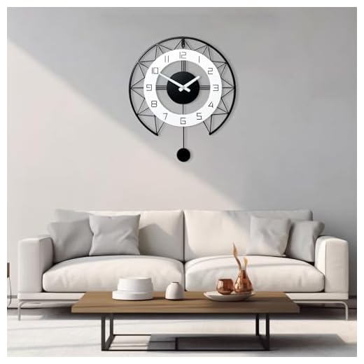 Pendulum Clock, 20X23 Inch Large Wall Clock Silent Non Ticking Battery Operated, Indoor Outdoor Oversized Modern Black White Wood Metal Skeleton Clock for Living Room, Bedroom,Patio, Pool Area