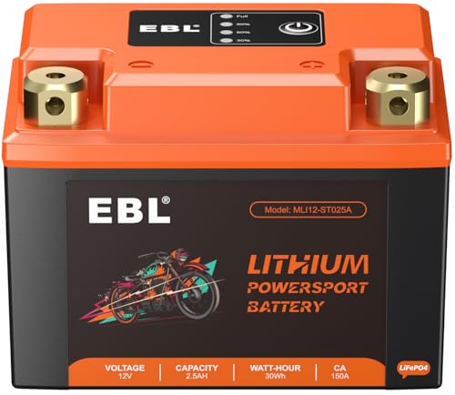 EBL Lithium YTX4L-BS, 75CCA Lithium LiFePO4 Motorcycle Battery, 12V 2.5Ah ATV, UTV, Jet Ski, 4 Wheeler, Quad, Riding Lawn Mower, Tractor, Scooter, PWC, Seadoo, Polaris and Generator Battery