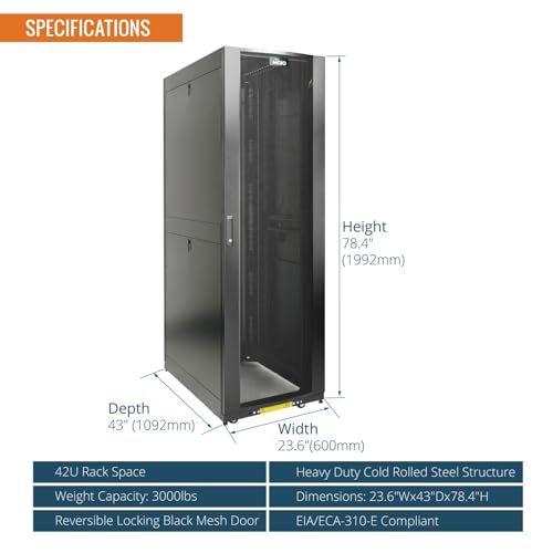 Image of Tecmojo 42U Server Rack Cabinet - PRE-Assembled 24inch Width 43inch Depth IT Network Equipment Cabinet Rack Enclosure with Casters - 3000lbs Weight Capacity