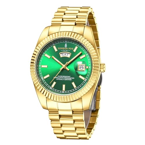 Image of London Fog Oxford Collection Analog Quartz Watch for Men with Round Dial and Stainless Steel Strap, Fluted Metal Case, Day & Date Display, Luminous Hands & Hour Markers & Water Resistant
