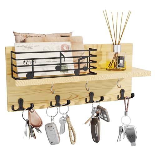 HapiRm Schlüsselbrett Holz Schlüsselhaken mit Ablage - Schlüsselkasten Holz Wandgarderobe Musiknoten Design, Wandmontierter Schlüsselhalter mit Regal und Haken, Organizer für Flur Schlafzimmer Büro