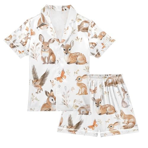 senya Woodland Animals Deer Satin Summer Pajama Sets Silk Short Sleeve Button Down Sleepwear