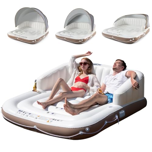 LIFEZEAL Lounge Materasso Gonfiabile Matrimoniale, 180x180cm, SPF50+, Letto Galleggiante, con Portabicchieri, Tettuccio Retrattile, Schienale, Braccioli, Amca dell’Acqua, Max 200 kg, per Mare, Piscina