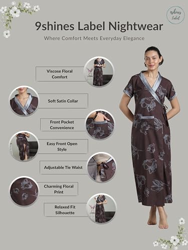 Image of 9shines Label Stylish Cotton Nighty Robe for Women | Front Open Floral Housecoat | Wrap Nighty with Pocket | Adjustable Waist Tie | Plus Size housecoat (HC-2026)
