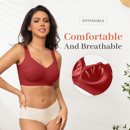 Fittingirls Women's Plus Size Wireless Bra No Underwire Seamless Full Coverage Push Up High Support Red — view 3