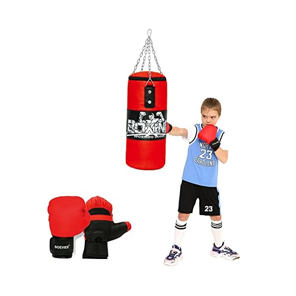 Punching-Bag-for-Age-4-15-Kids-youth-Unfilled-Hanging-Boxing-Bags-Boxing-Set-with-Gloves-Chain-boxing-gear-Workout-Equipment-punching-dummy-Training-Fitness-for-Hanging-Stand-80-lbs-to-110-lbs-outside Kids Punching Bag Set Gloves Included Chain and Hook Included, Training in Martial Arts / Boxing, Kids Punching Bag for Ages 5 - 12, Premium PU Leather for Indoor Use Filling Not Included