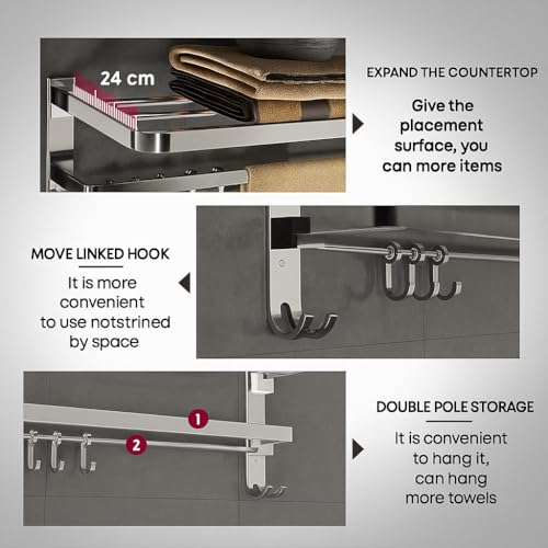 Image of EVANEX Towel Rack for Bathroom 304 Stainless Steel Towel Holder 24 Inch Folding Towel Rack with Shelf, Rustproof Wall Mounted Towel Stand in Bathroom, Heavy Duty Bathroom Organiser