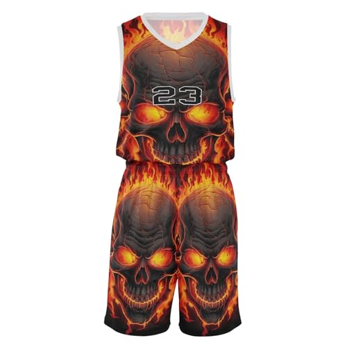 FLildon Fire Skulls Boys Basketball Jersey Set Tank Top Shorts Tracksuit Sport Training Suit for Kids, M
