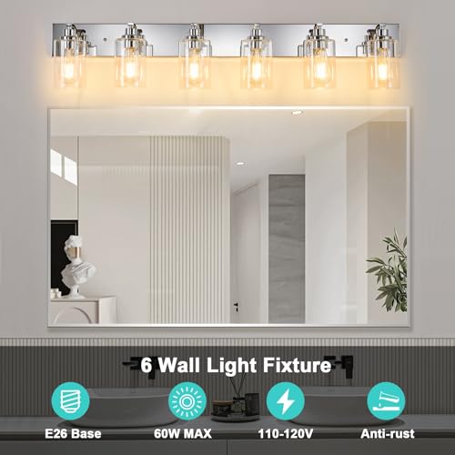Image of 6-Light Bathroom Light Fixtures Modern Chrome Vanity Lights | Easy to Install Clear Glass Shades, Wall Mount Up or Down, E26 Socket, Hardwired, 129V