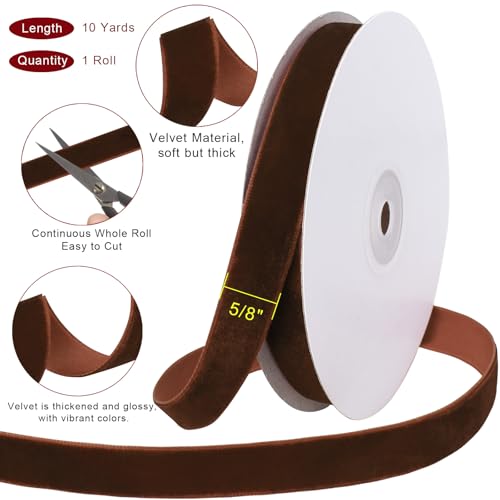 Image of Tsorode 10 Yards Brown Velvet Ribbon for Christmas Tree,5 /8 Inch