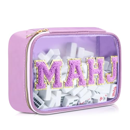 SilTriangle Empty Mahjong Tile Bag American Purple PVC Clear Mahjong Case Size 166 Waterproof Zippered Storage Tile Holder Rack Bag for Game Lover Gift Travel (Case Only)