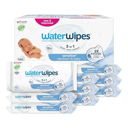 WaterWipes Sensitive+ Newborn & Baby Wipes, 540 Count (9 Packs), 3-In-1 Cleans, Cares, Protects, 99.9% Water, Unscented