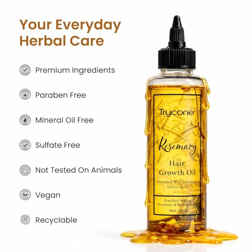 Image of Trycone Rosemary Hair Oil for Hair Growth & Scalp Health - Enriched with Herbs & Vitamin E | Reduces Hair Fall, Strengthens Roots, Promotes Shine | 200 ml