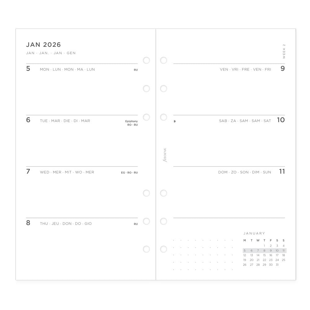 Filofax Kalender-Tagebuch-Nachfüllpackung, persönliche/kompakte Größe, Wochenansicht, minimales Tagebuchpaket, weißes Papier, mehrsprachig: fünf Sprachen, 2026 (C68490-26)