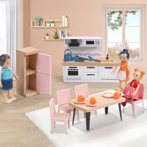 Giant Bean GA20025 36Pcs Wooden Dollhouse Furniture Set With 4 Family Dolls, 5 Rooms Wood And Plastic Pink Dollhouse Accessories Pretend Play Furniture Toys For Boys Girls & Toddlers 3Y+ thumb #3