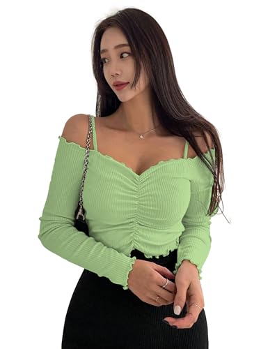 Image of Sugathari Women's Purple Solid Colour Open Cold Off Shoulder Long Sleeve Lettuce Hem Casual Autumn Trim Tight- Slim Fitting Ruched Front Ladies' Camisole Top, Tee, T-Shirt (T-Shirt 184)