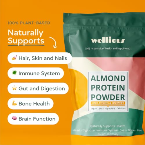 Image of wellious Almond Vegan Protein Powder, Unflavored, 18g Protein, Soy-Free, 36 oz