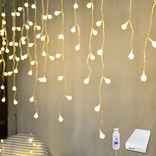 YOLIGHT Fairy Curtain Lights USB/Battery Powered Ball Icicle Light 13ft 96 LED Globe String Hanging Lights for Bedroom Dorm Wedding Party Christmas Decoration (Warm White)