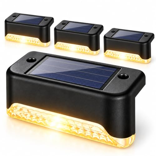 Warm Yellow LED Solar Stair Light Fixture in Black for Nighttime PACK OF 4