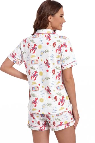 Image of LUBOT 100% Cotton Pajamas for Women 2 Piece PJ Set Button-Down Soft Knit Short Sleeve Summer Sleepwear Loungewear XS-XXL