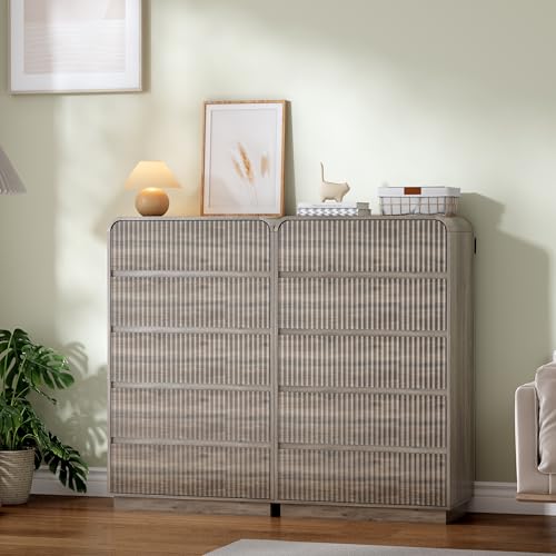 Image of Wodeer Grey Dresser Fluted Tall 5 Drawer Dresser for Bedroom, Wood Chest of Drawers with Hidden Handles & Rounded Corners, Modern Storage Cabinet and Organizer Drawers for Living Room, Hallway, Gray