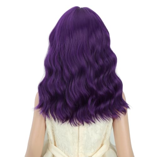 Image of PATTNIUM Child Dark Purple Wig Kids Purple Wig with Bangs Short Wavy Curly Girls Synthetic Cosplay Halloween Party Costume Hair Wigs