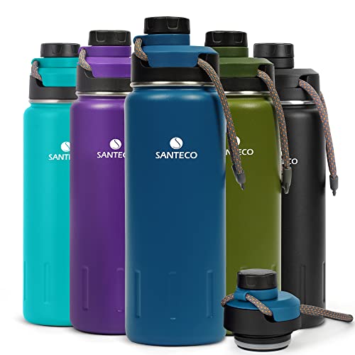 SANTECO Trinkflasche Edelstahl isoliert 500ML, 710ML I Auslaufsicher Thermoskanne I BPA-Frei mit Schraubverschluss Isolierflasche für Sport, Laufen, Fahrrad, Yoga, Wandern und Camping I Sportdeckel Cover