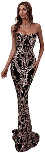 Miss ord Women's Sexy Strapless Sequin Wedding Maxi Dress, Formal Long Evening Party Mermaid Gown Black