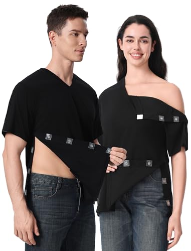 Image of Magnetic Buttons Post Shoulder Surgery Recovery Shirt for Men V-Neck Tear Away Adaptive Chemo Port Clothing for Women