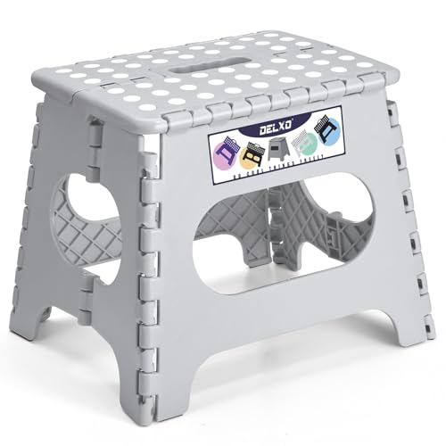 Delxo Folding Step Stool, 11 inch Non-Slip Foldable Stools for Kids & Adults Up to 300 LBS, Step Stool with Handle, Lightweight for Kitchen, Bathroom, Bedroom, Garden, Grey, 1PC