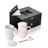 Moments by KEFF Mr & Mrs Coffee Mug Set of 2, 14oz Ceramic Mug with Lid & Teaspoon - Engagement Gifts for Couples Matching, Bridal Shower Gifts for Bride To Be - Just Married Couple Wedding Gift Ideas
