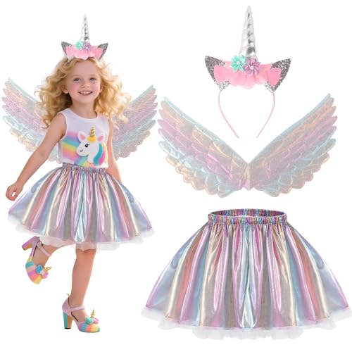 Unicorn Costume Set for Girl Princess Clothing with Rainbow Tutu Skirt Unicorn Wings Headband Princess Fancy Dress Accessories Cosplay Set Fairy Costume for Halloween Party 3-8 Years (Dark-color)