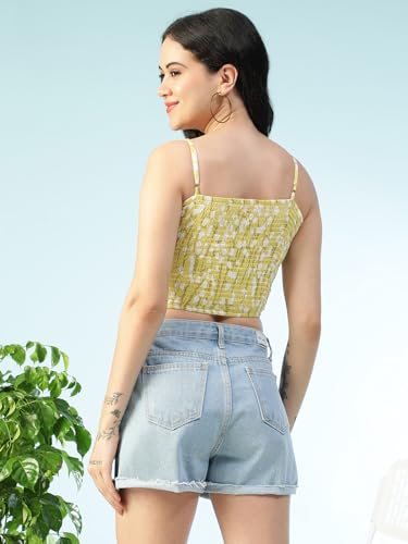 Image of oxolloxo Women Satin Chiffon Print V-Neck Smocked Shoulder Strap Sleeveless Tie-Up Detail Crop Top
