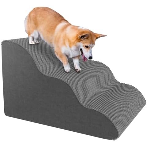 Pet Stairs for Small Dogs & Cats - Comfortable Curved Design, Waterproof Cover, High-Density Foam Steps, Durable & Lightweight, 3-Layer Structure, 21.7 x 15.7 x 13.8 Inches - Grey Cover
