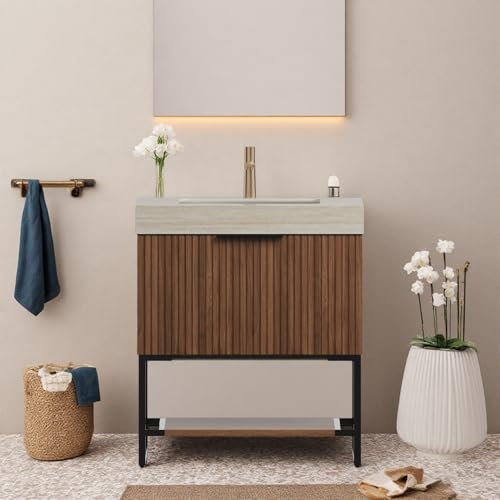 Image of 30 inch Freestanding Bathroom Vanity with Sink, Bathroom Vanity with Sintered Stone Top & Undermount Ceramic Basin, Pre-Assembled Striped Bathroom Storage Cabinet with Drawer & Open Shelf, Walnut